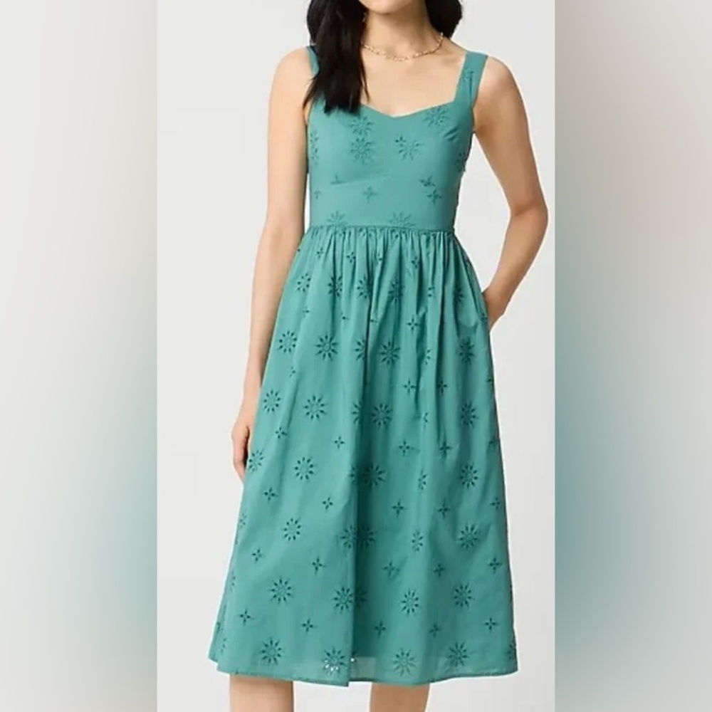 NWT J. Crew Factory Frosty Mineral  Green Eyelet Midi Dress Spring 6